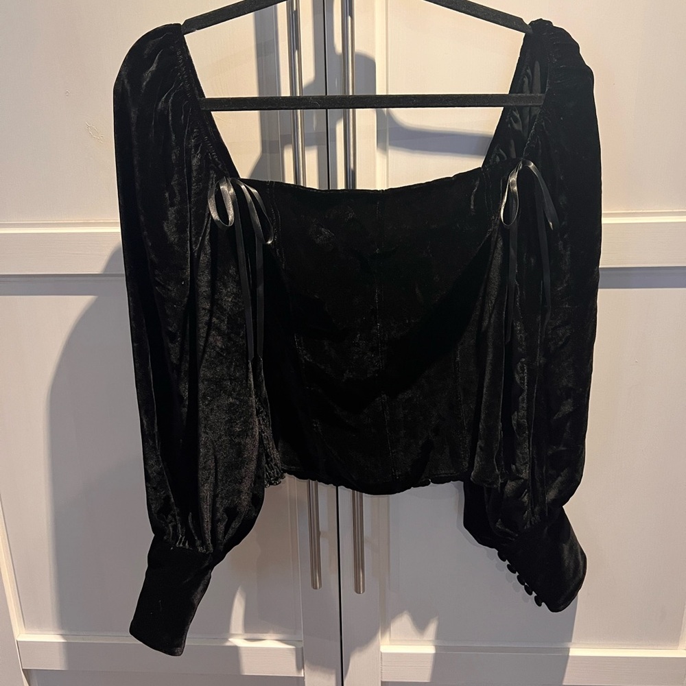 Reformation Black Velvet Puff Sleeve Blouse